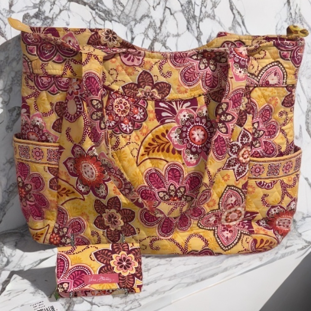 Vera Bradley Bali Gold Pattern Get Carried Away Travel Tote and Card Holder Set